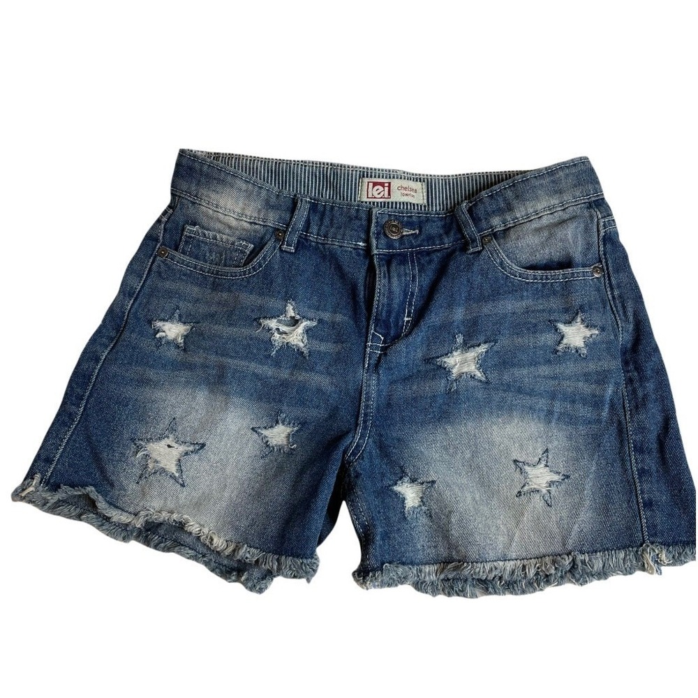 LEI Girls Denim Shorts‎ Star Print Frayed Hem Low Rise Size 16